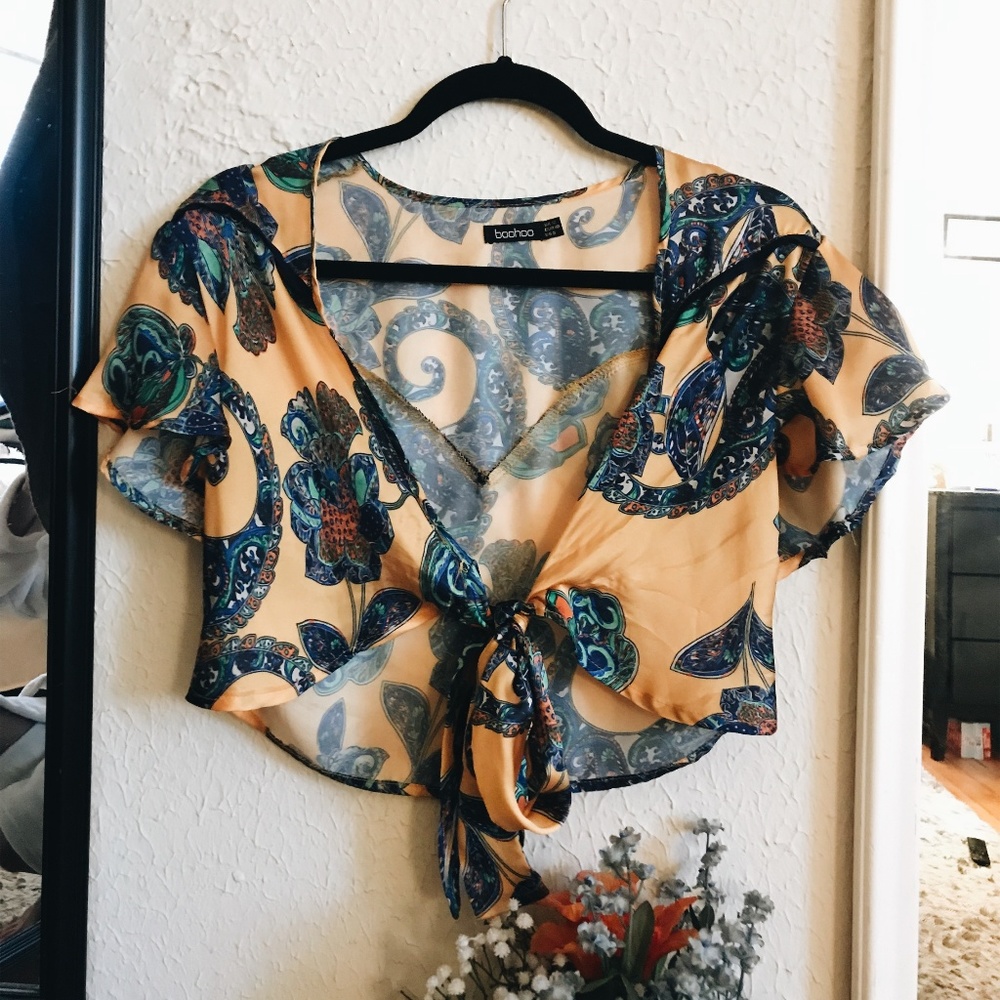 Front-Tie Paisley Silk Shirt